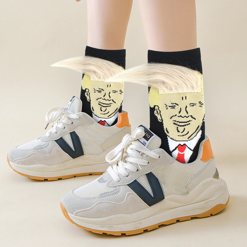 Socks Spoof Funny Donald Trump Socks with 3D Fake Hair Crew Socks Men Women Compression Socks Streetwear Hip Hop Sokken Homme