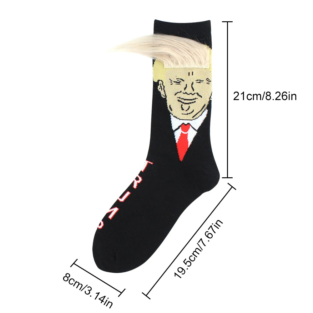 Socks Spoof Funny Donald Trump Socks with 3D Fake Hair Crew Socks Men Women Compression Socks Streetwear Hip Hop Sokken Homme