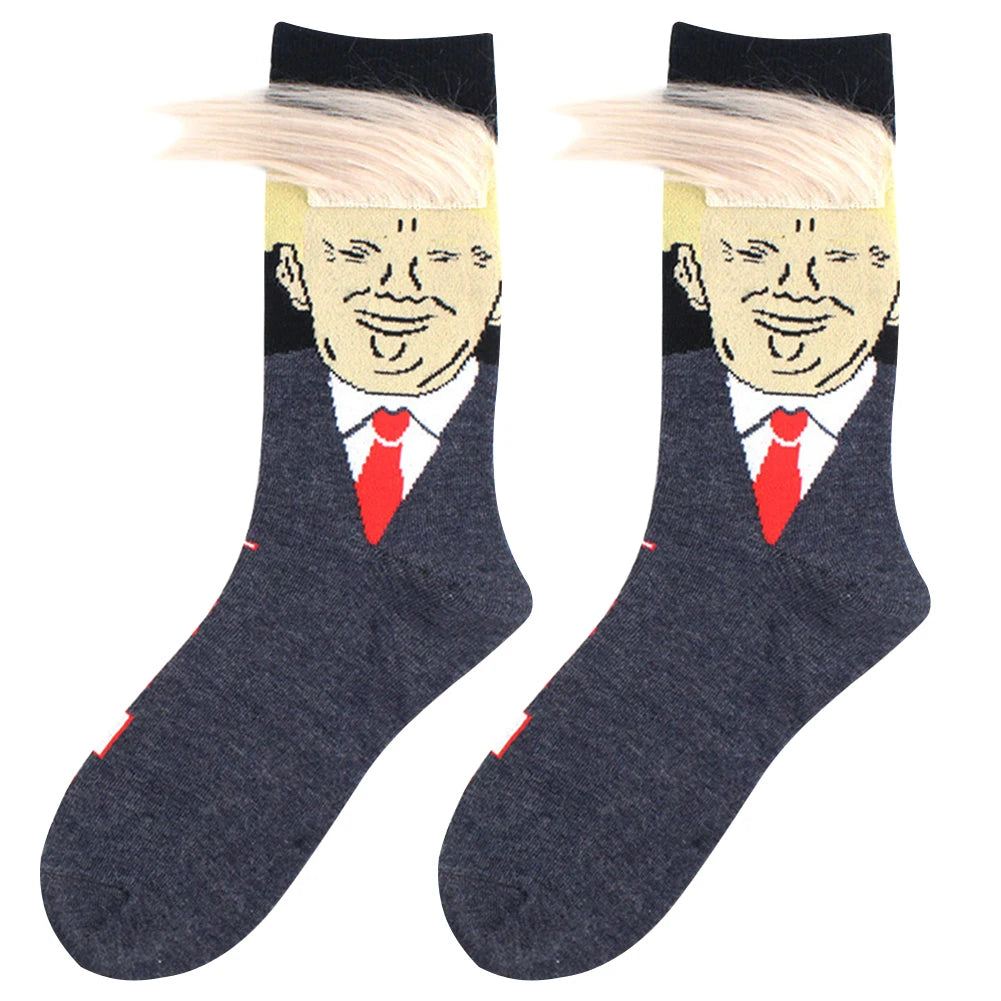 Socks Spoof Funny Donald Trump Socks with 3D Fake Hair Crew Socks Men Women Compression Socks Streetwear Hip Hop Sokken Homme